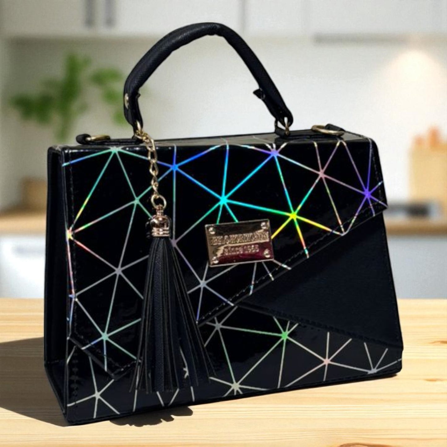 Bolsa CANDELA Crossbody Tricolor Negro Naranja y Blanco con Tassel – Mini Tote Moderno y Elegante