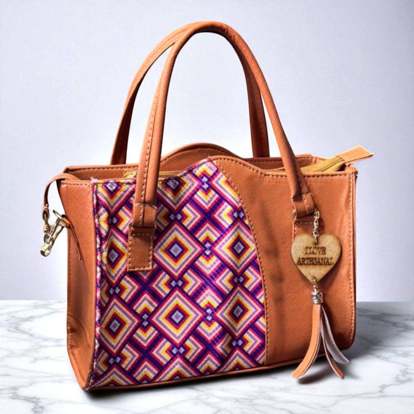 Bolsa GLORIA Mediana Artesanal Vino con Bordado Geométrico Multicolor | Elegante y Moderna | Moda Dama Casual y Oficina