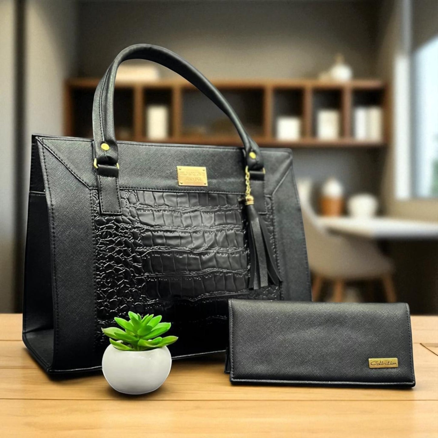 Bolsa de dama negra ITZEL elegante croco grande moderna con haza larga resistente