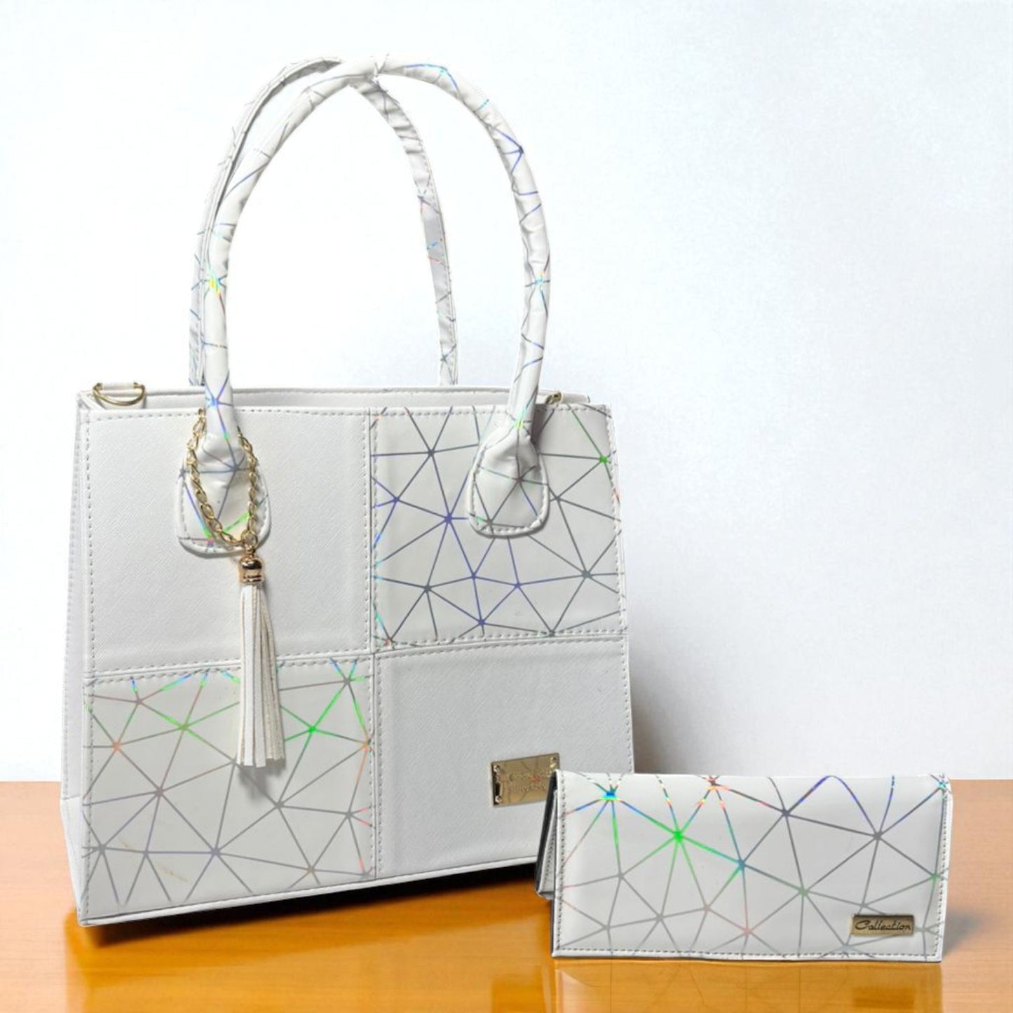 Bolsa dama BRENDA elegante blanca y negra patchwork cuadrícula moderna grande resistente hombro