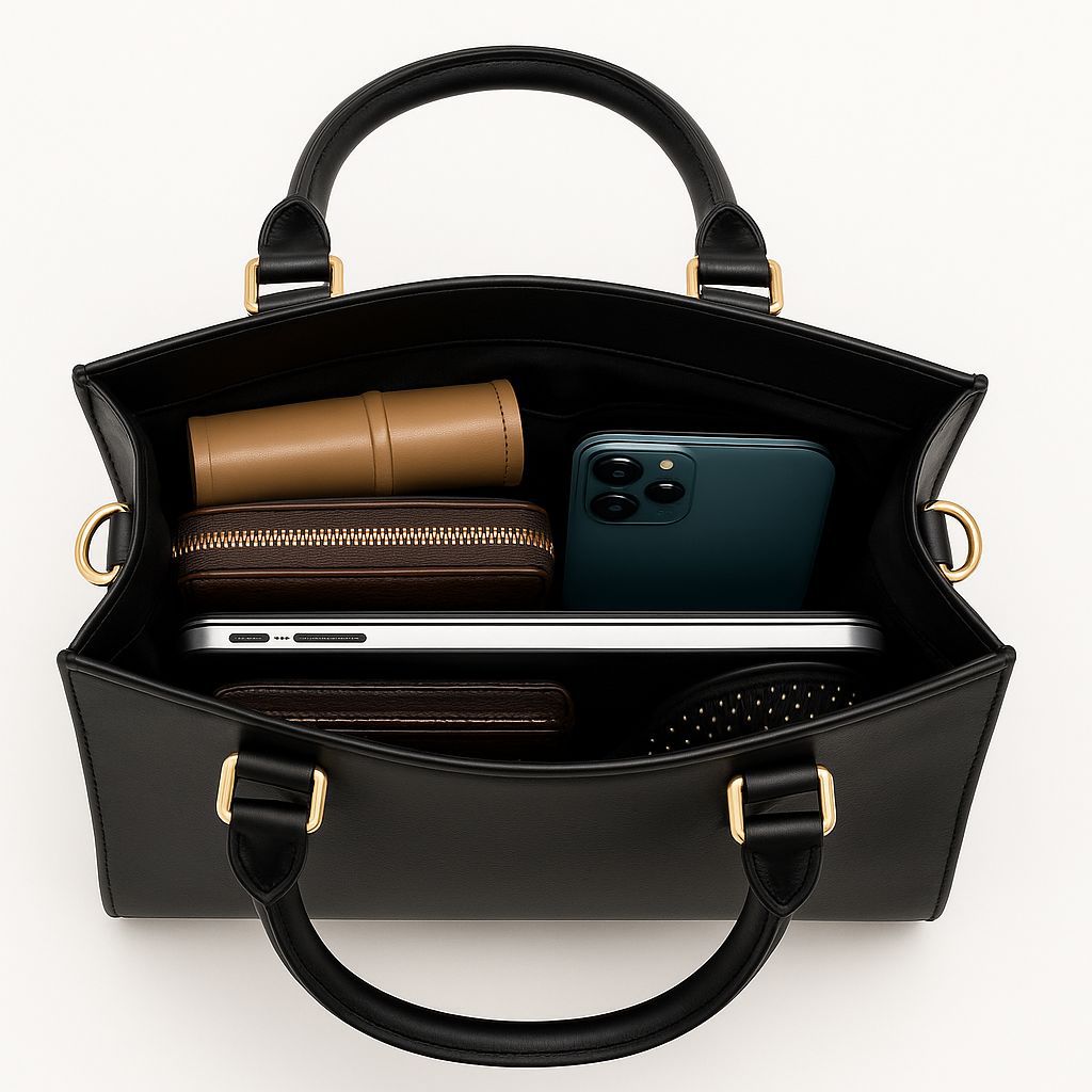 Bolsa JUANA elegante mujer cuero vegano negro con asas resistentes y cierre seguro