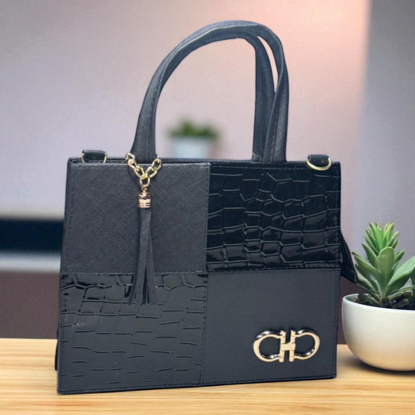 Bolsa AGNES Mediana Negra con Animal Print Vaca | Moda Dama Elegante y Casual | Ideal Oficina y Uso Diario