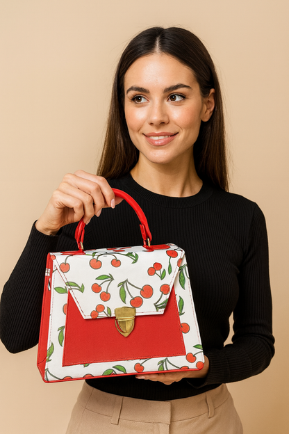 Bolsa ALBA crossbody cerezas diseño moderno rojo blanco, moda juvenil tendencia 2025