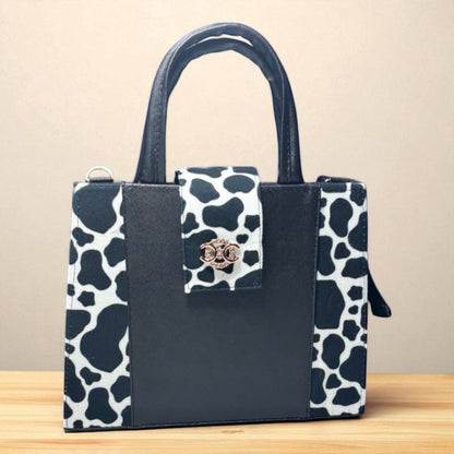 Bolsa ALMA Mediana Negra con Animal Print Vaca | Elegante y Moderna | Moda Dama Casual y Formal