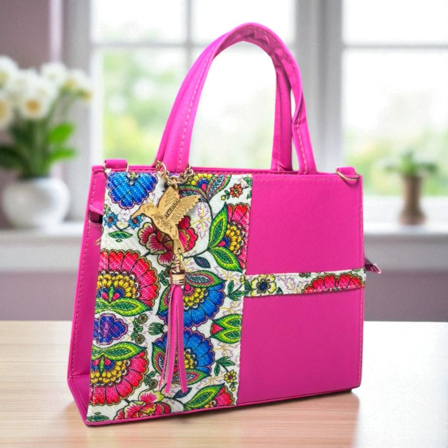 Bolsa AMALIA Mediana Negra con Diseño Floral Artesanal | Elegante y Colorida | Moda Dama Casual y Formal