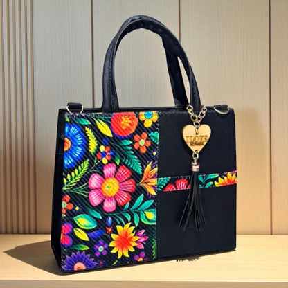 Bolsa AMALIA Mediana Negra con Diseño Floral Artesanal | Elegante y Colorida | Moda Dama Casual y Formal