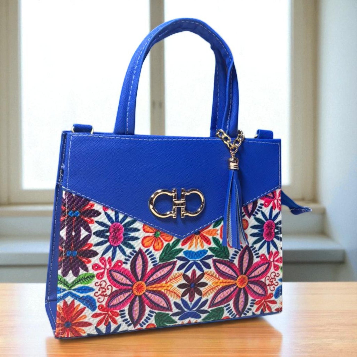 Bolsa AMERICA Mediana Azul con Diseño Floral Artesanal | Elegante y Colorida | Moda Dama Casual y Formal