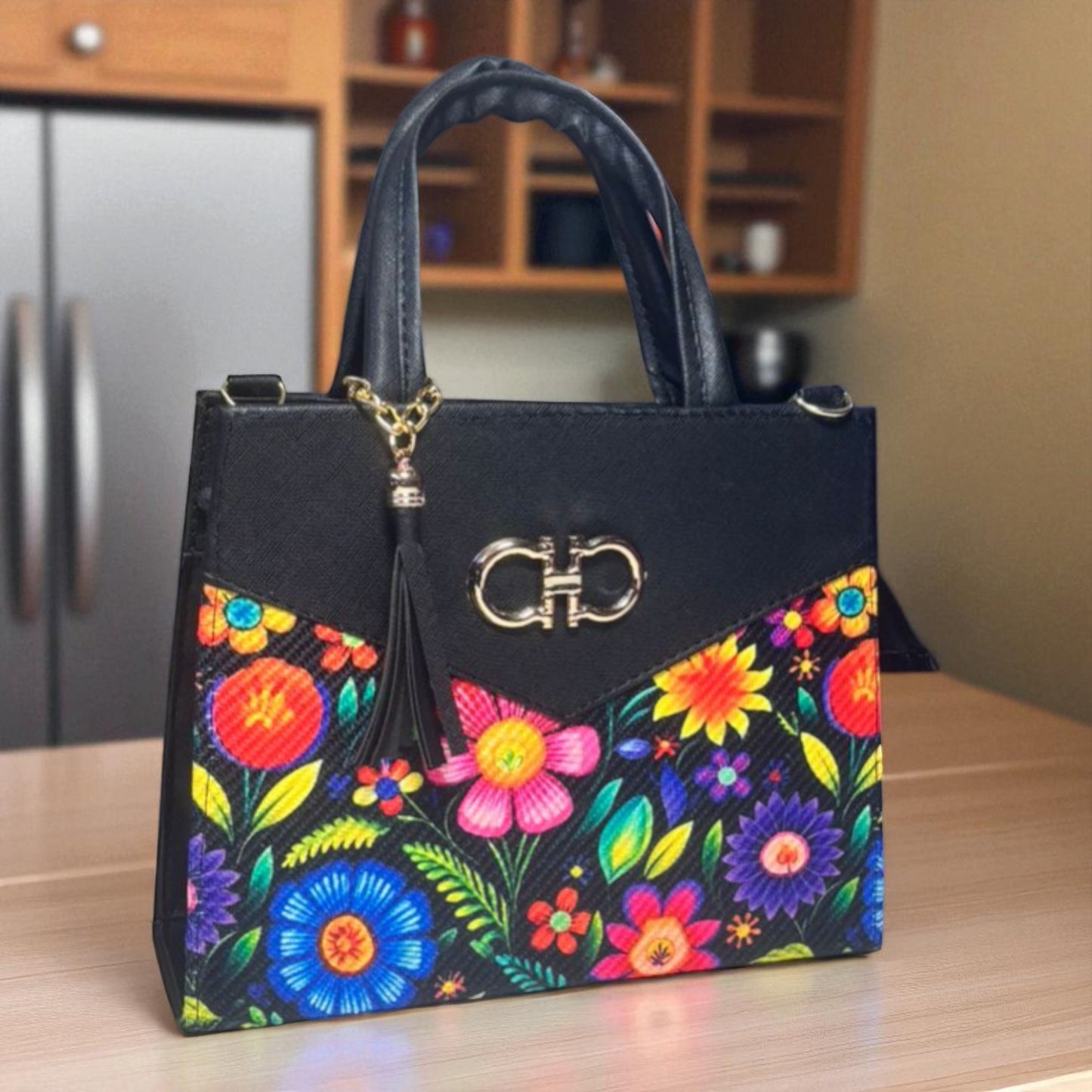 Bolsa AMERICA Mediana Azul con Diseño Floral Artesanal | Elegante y Colorida | Moda Dama Casual y Formal