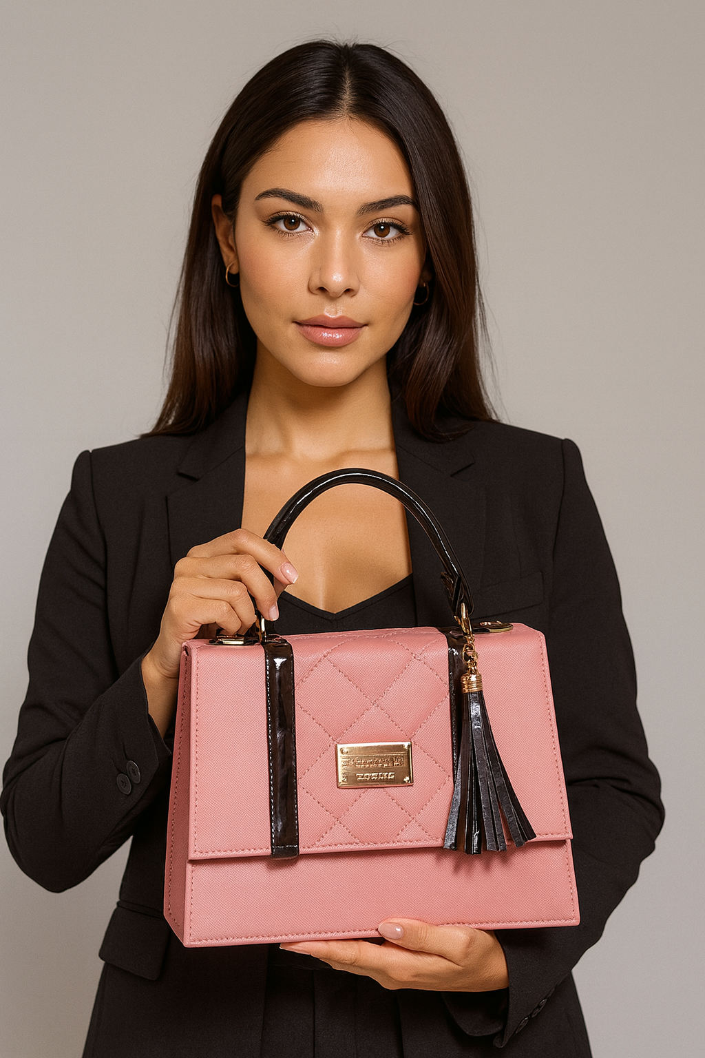 Bolsa AMPARO Crossbody Rosa con Asa Negra y Tassel Elegante – Mini Tote Moderno