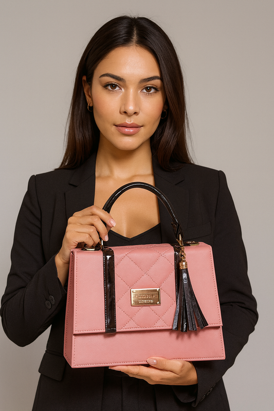 Bolsa AMPARO Crossbody Rosa con Asa Negra y Tassel Elegante – Mini Tote Moderno