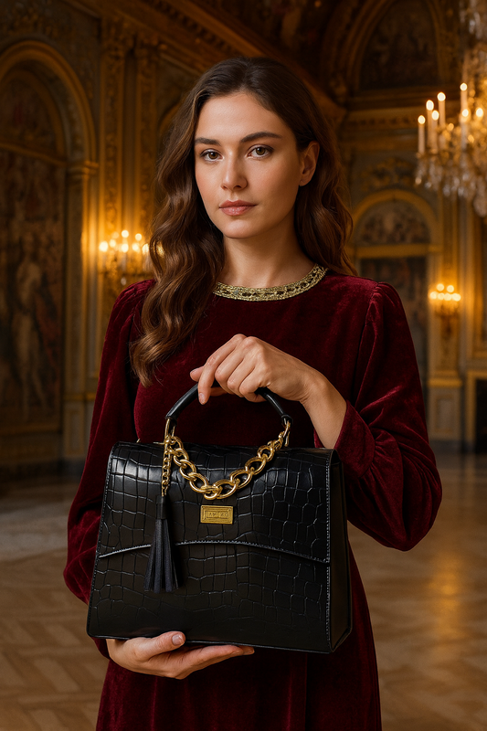 Bolsa de lujo ANA  mujer cuero vegano negro cadena dorada elegante París