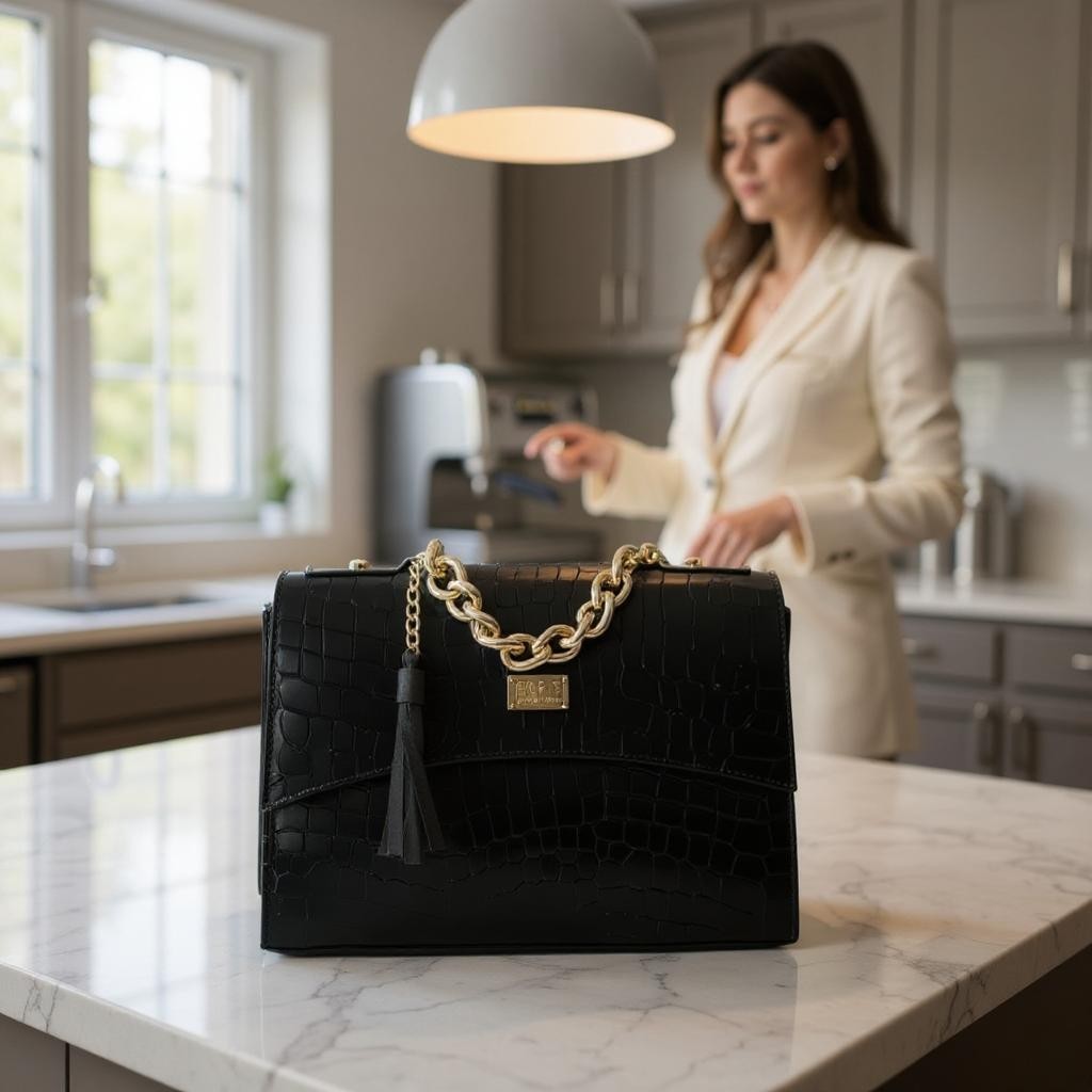 Bolsa de lujo ANA  mujer cuero vegano negro cadena dorada elegante París