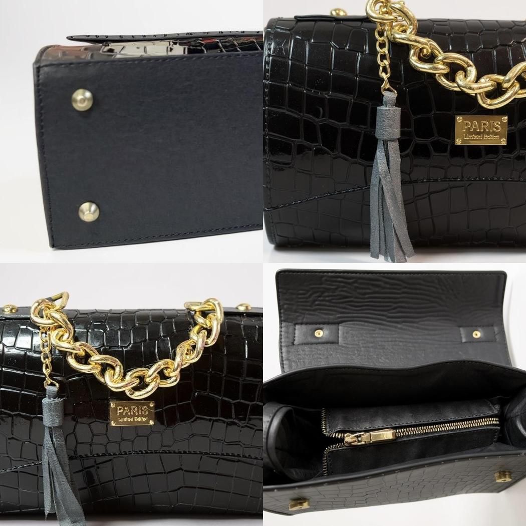 Bolsa de lujo ANA  mujer cuero vegano negro cadena dorada elegante París