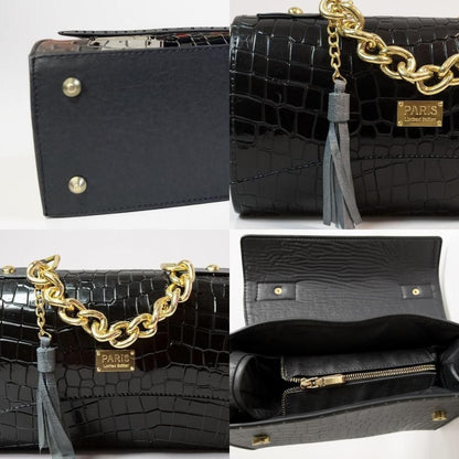 Bolsa de lujo ANA  mujer cuero vegano negro cadena dorada elegante París