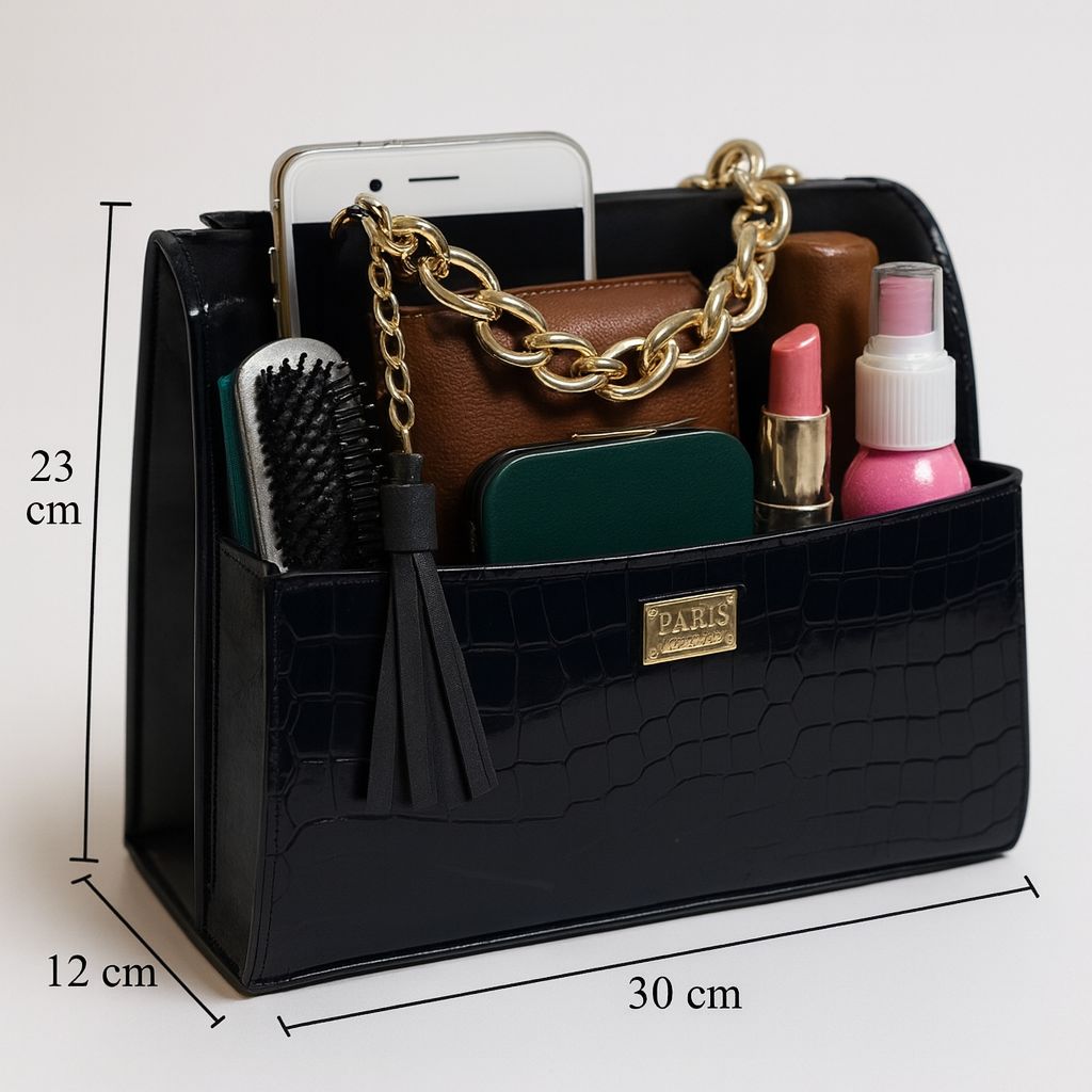 Bolsa de lujo ANA  mujer cuero vegano negro cadena dorada elegante París