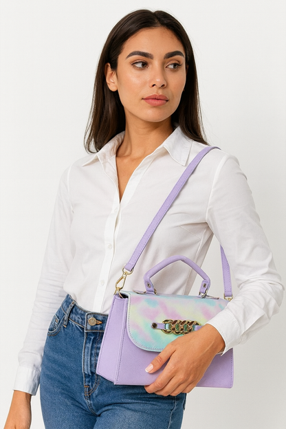 Bolsa ANASTACIA Crossbody Lila Tie-Dye Pastel con Cadena Dorada – Mini Tote Juvenil de Moda