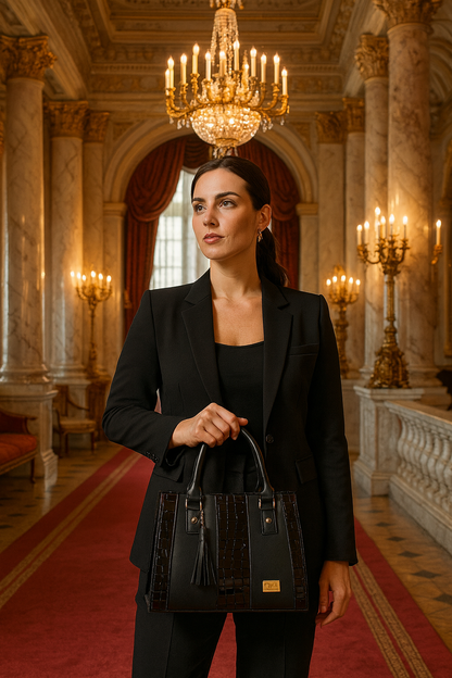 Bolsa negra ASTRID elegante en cuero vegano croco, asas firmes y tassel
