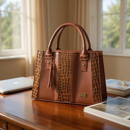 Bolsa negra ASTRID elegante en cuero vegano croco, asas firmes y tassel