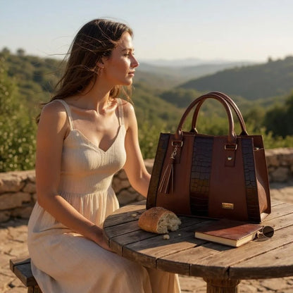 Bolsa negra ASTRID elegante en cuero vegano croco, asas firmes y tassel