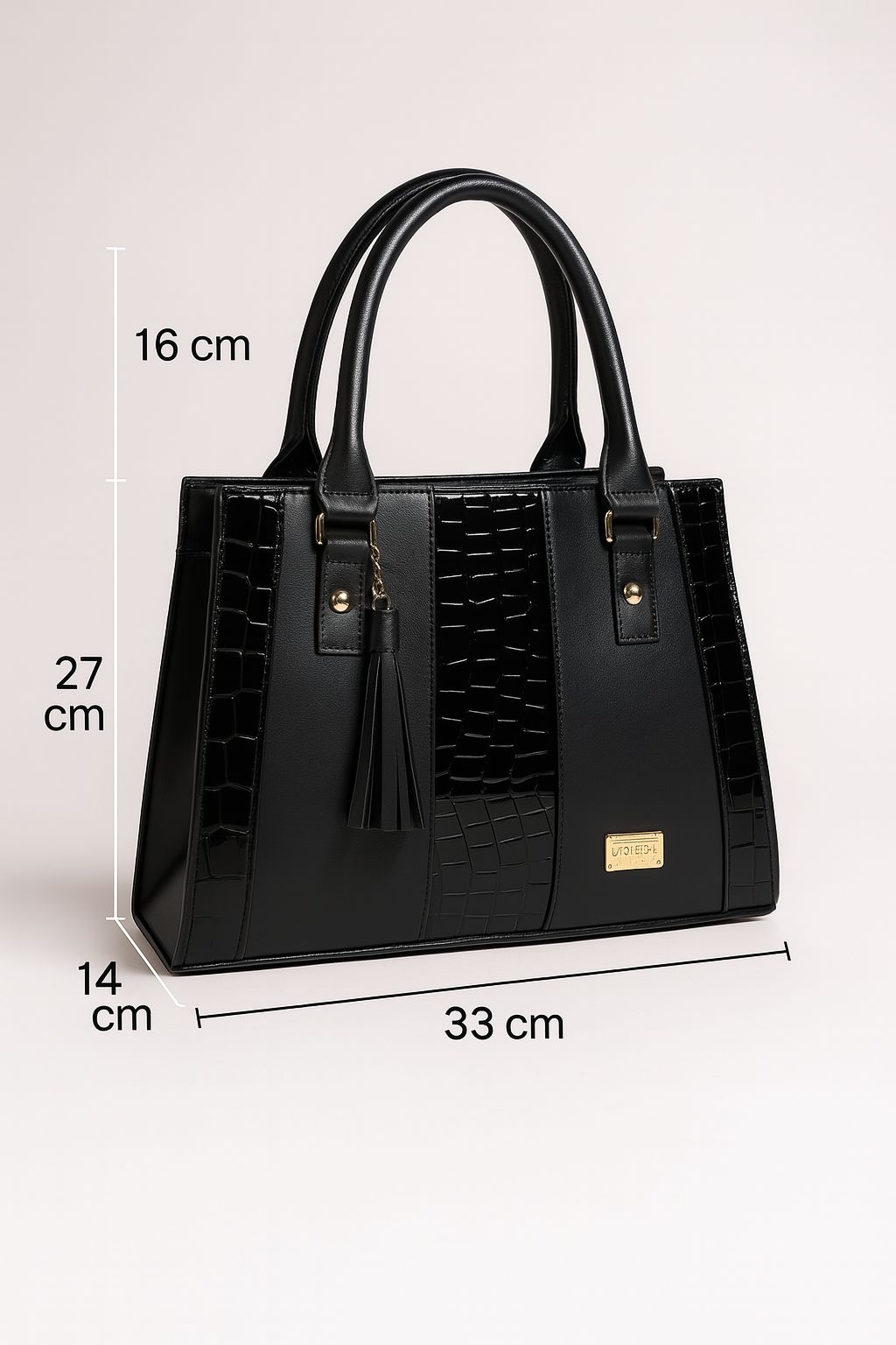 Bolsa negra ASTRID elegante en cuero vegano croco, asas firmes y tassel