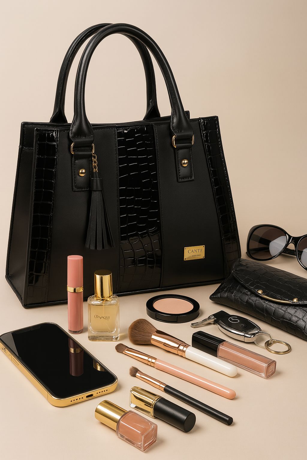 Bolsa negra ASTRID elegante en cuero vegano croco, asas firmes y tassel