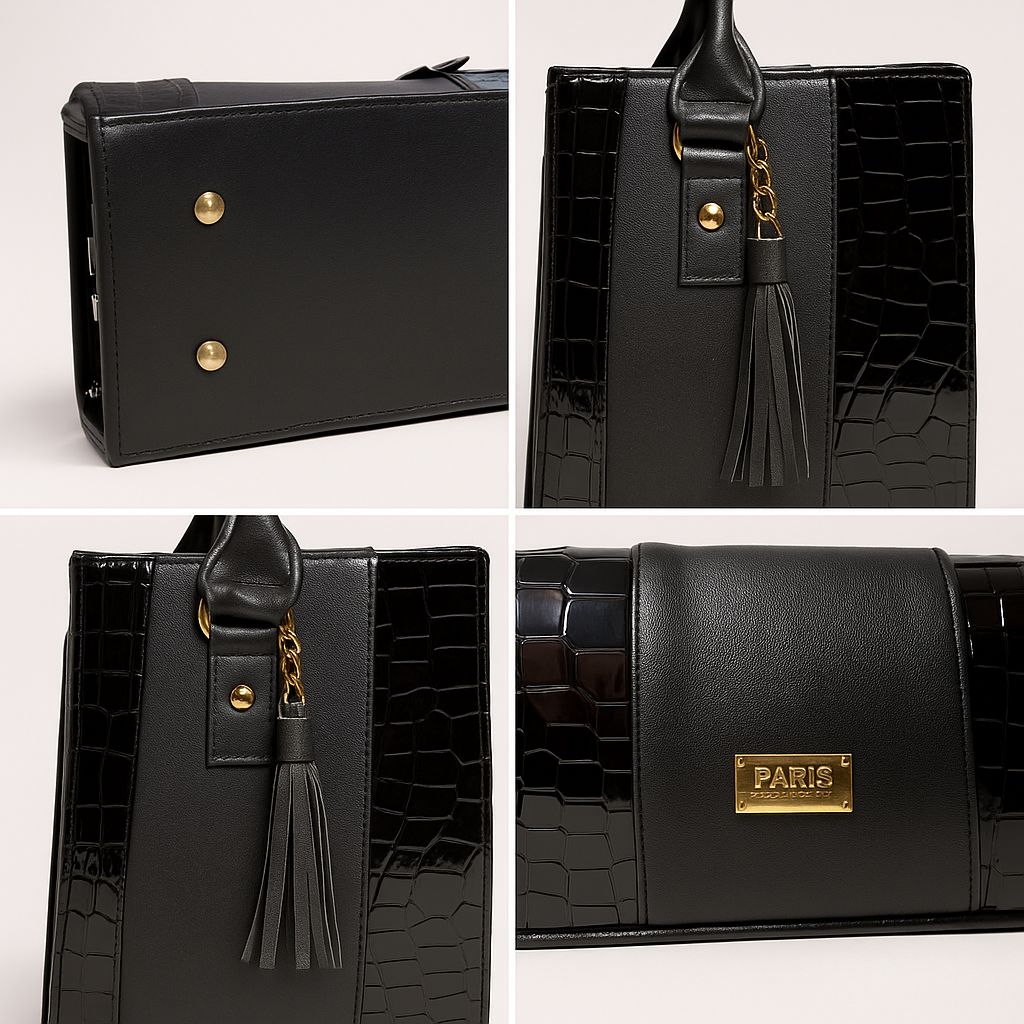 Bolsa negra ASTRID elegante en cuero vegano croco, asas firmes y tassel