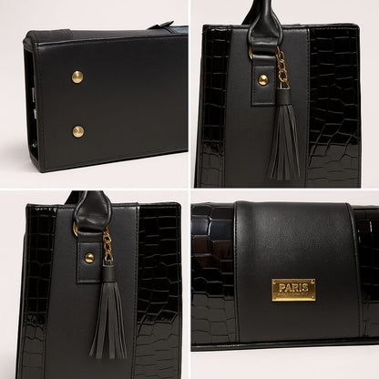 Bolsa negra ASTRID elegante en cuero vegano croco, asas firmes y tassel