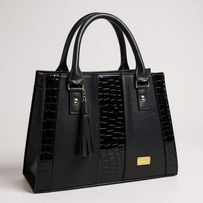 Bolsa negra ASTRID elegante en cuero vegano croco, asas firmes y tassel