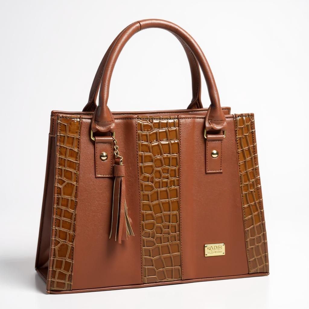 Bolsa negra ASTRID elegante en cuero vegano croco, asas firmes y tassel