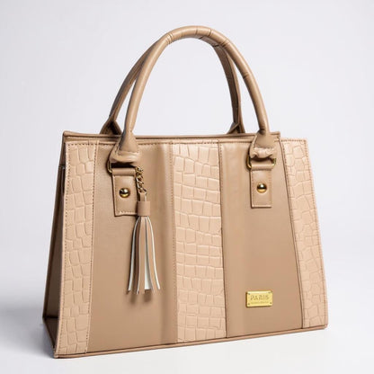 Bolsa negra ASTRID elegante en cuero vegano croco, asas firmes y tassel