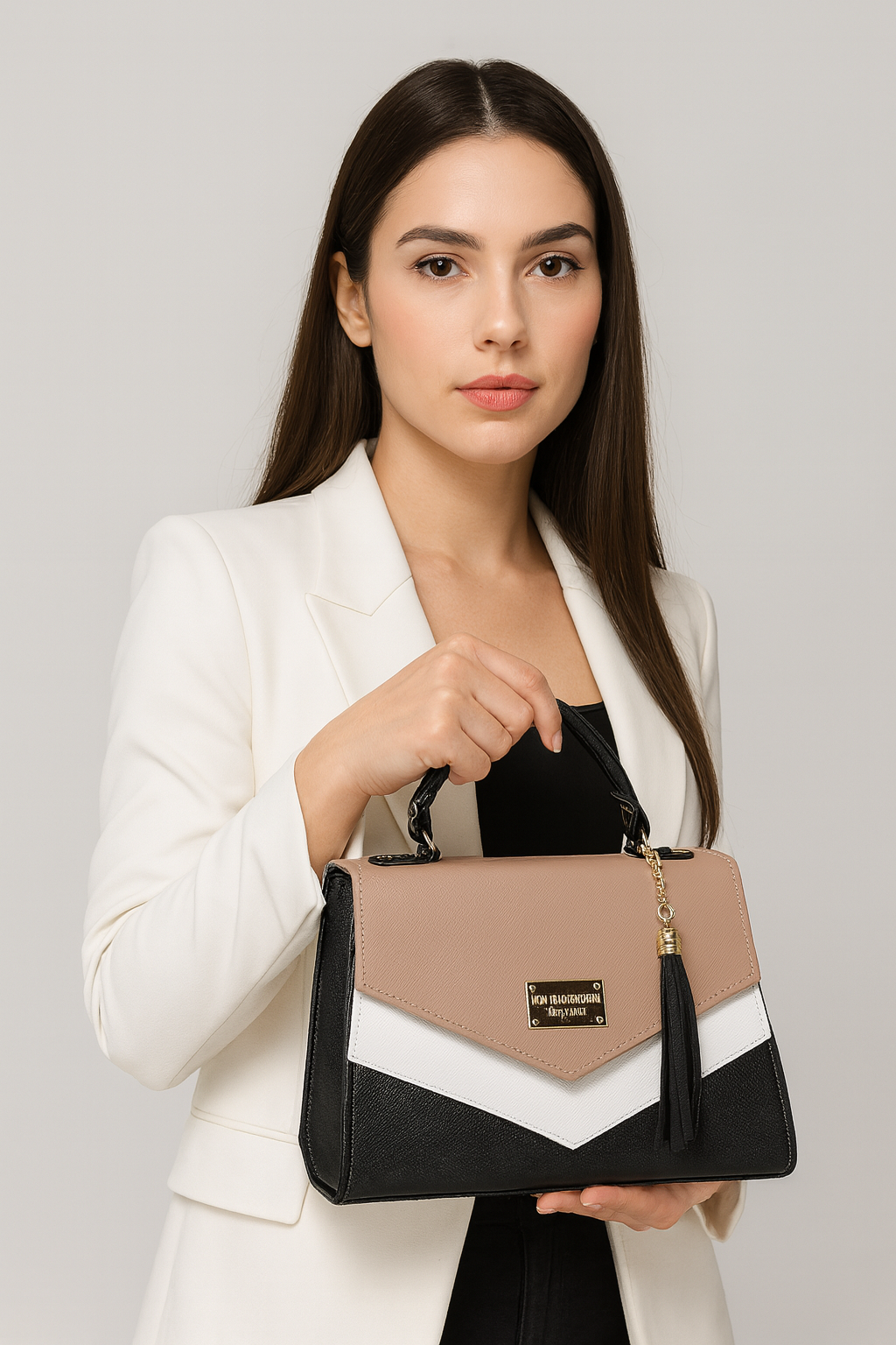 Bolsa BERNARDINA Crossbody Tricolor Beige Blanco y Negro con Tassel – Mini Tote Elegante y Moderno