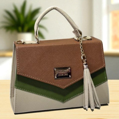 Bolsa BERNARDINA Crossbody Tricolor Beige Blanco y Negro con Tassel – Mini Tote Elegante y Moderno