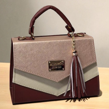 Bolsa BERNARDINA Crossbody Tricolor Beige Blanco y Negro con Tassel – Mini Tote Elegante y Moderno