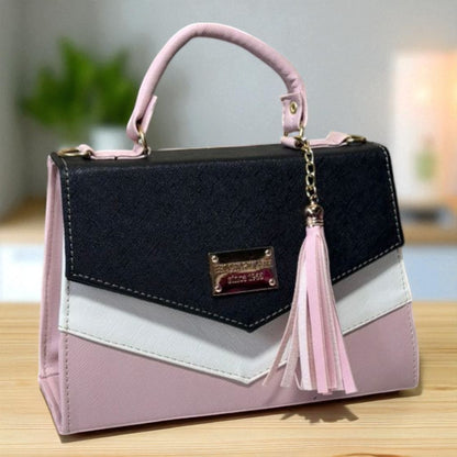 Bolsa BERNARDINA Crossbody Tricolor Beige Blanco y Negro con Tassel – Mini Tote Elegante y Moderno