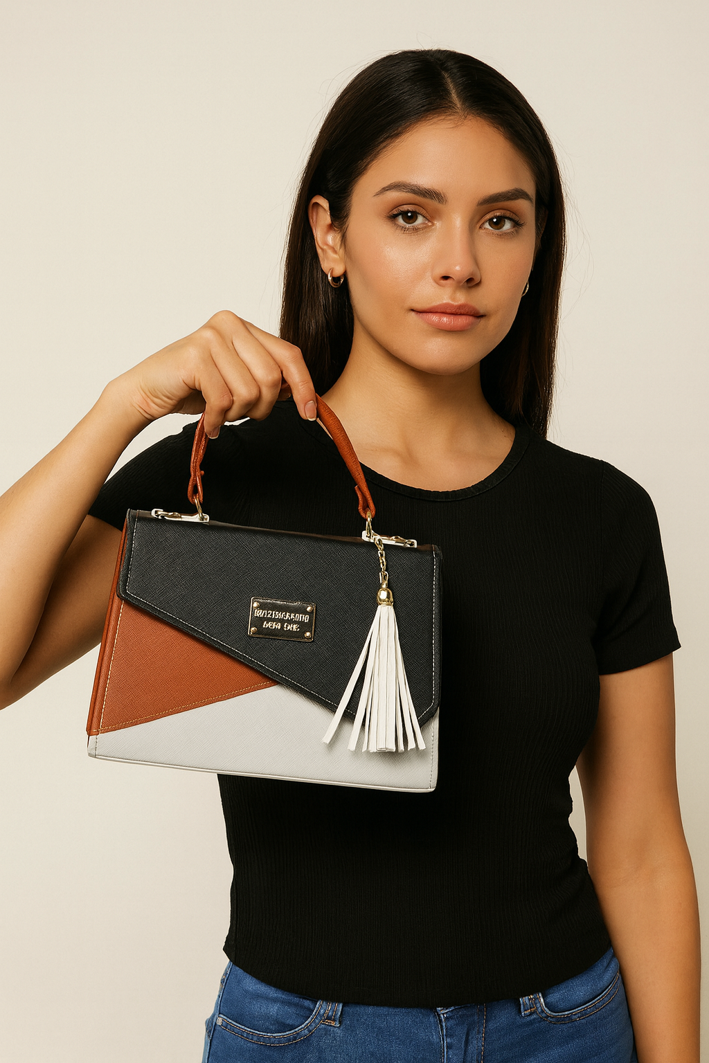 Bolsa CANDELA  Crossbody Tricolor Negro Naranja y Blanco con Tassel – Mini Tote Moderno y Elegante