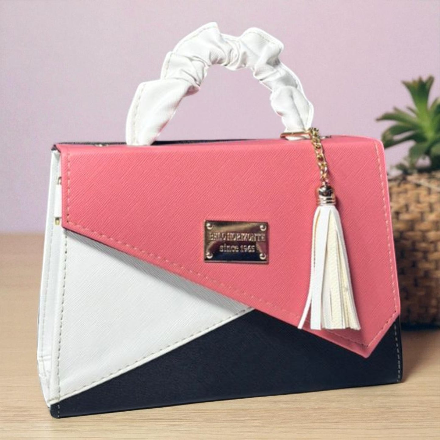 Bolsa CANDELA  Crossbody Tricolor Negro Naranja y Blanco con Tassel – Mini Tote Moderno y Elegante