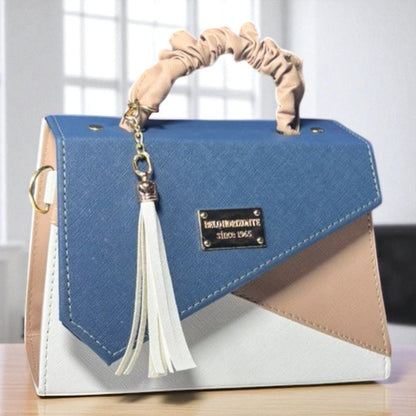 Bolsa CANDELA  Crossbody Tricolor Negro Naranja y Blanco con Tassel – Mini Tote Moderno y Elegante