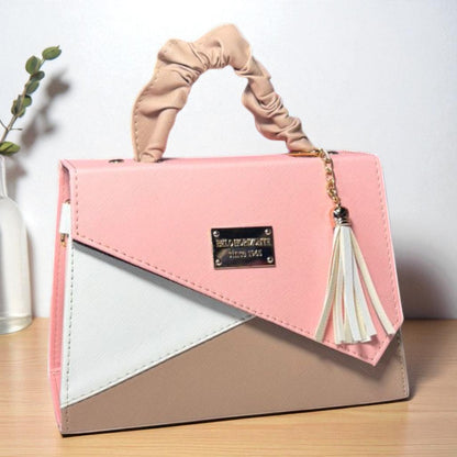 Bolsa CANDELA  Crossbody Tricolor Negro Naranja y Blanco con Tassel – Mini Tote Moderno y Elegante