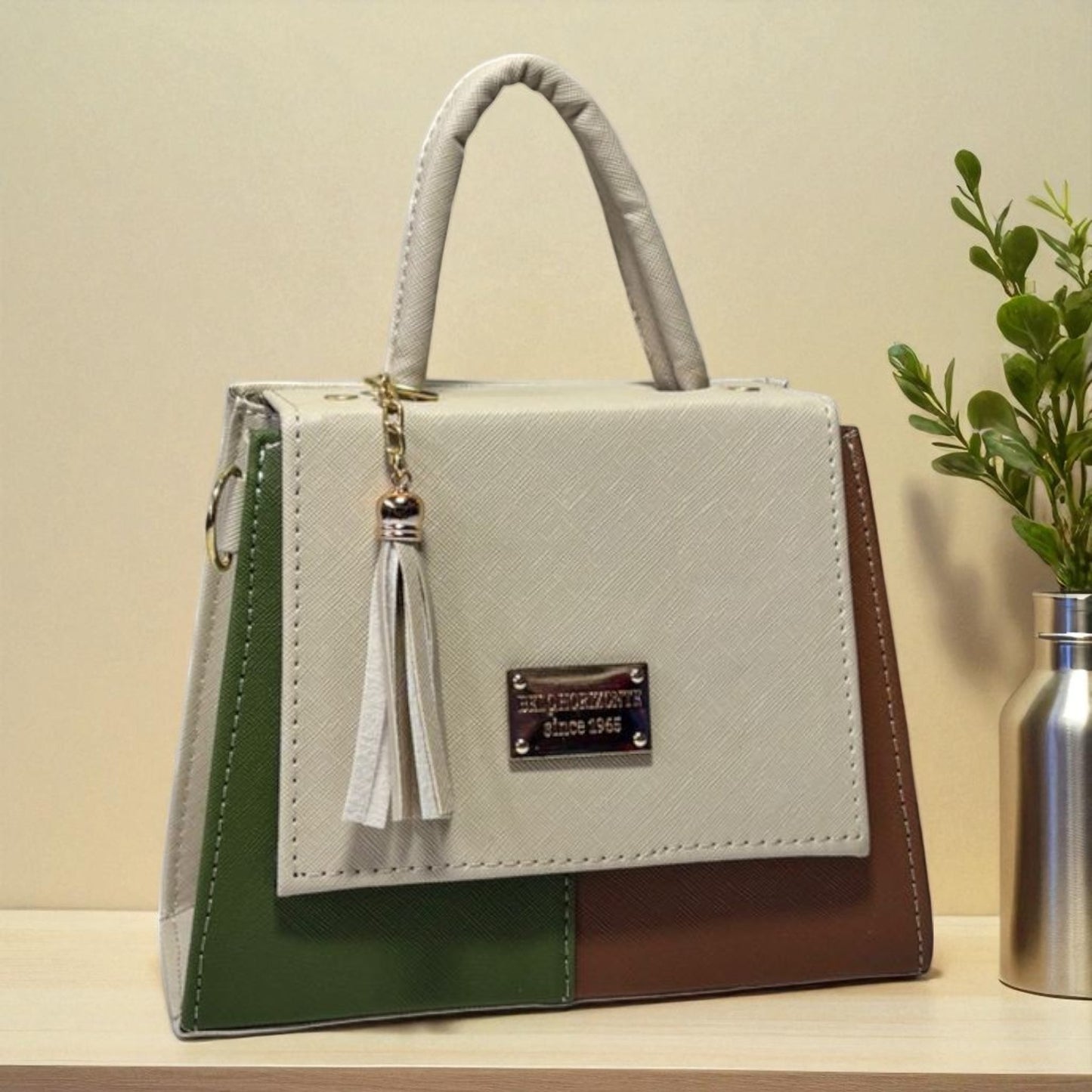 Bolsa CITLALI Crossbody Tricolor Café Azul y Blanco con Tassel – Mini Tote Elegante y Moderno