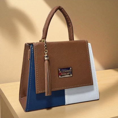Bolsa CITLALI Crossbody Tricolor Café Azul y Blanco con Tassel – Mini Tote Elegante y Moderno