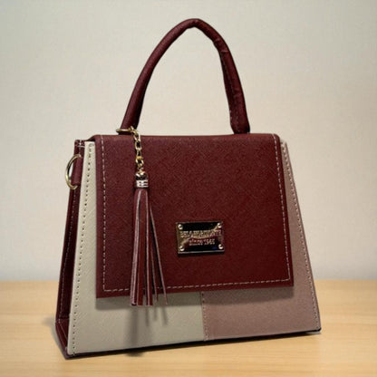 Bolsa CITLALI Crossbody Tricolor Café Azul y Blanco con Tassel – Mini Tote Elegante y Moderno