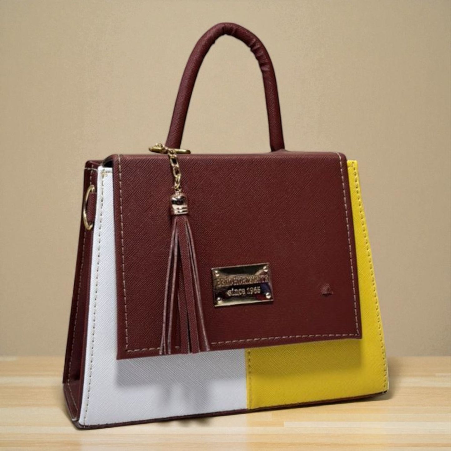 Bolsa CITLALI Crossbody Tricolor Café Azul y Blanco con Tassel – Mini Tote Elegante y Moderno