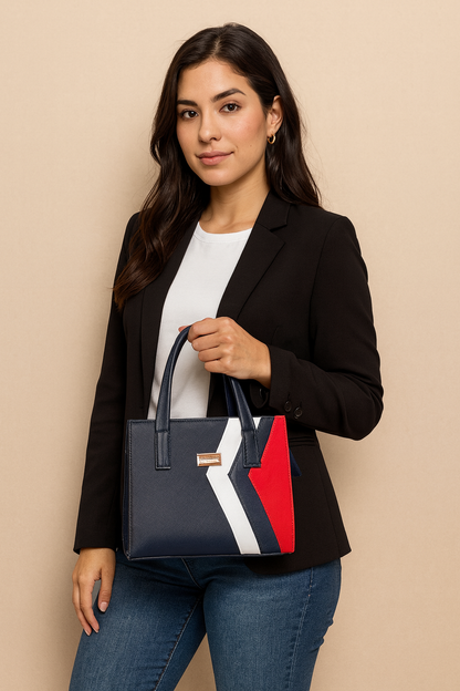Bolsa CLARA Mediana Azul Marino con Detalles Rojo y Blanco | Elegante y Moderna | Moda Dama Casual y Oficina