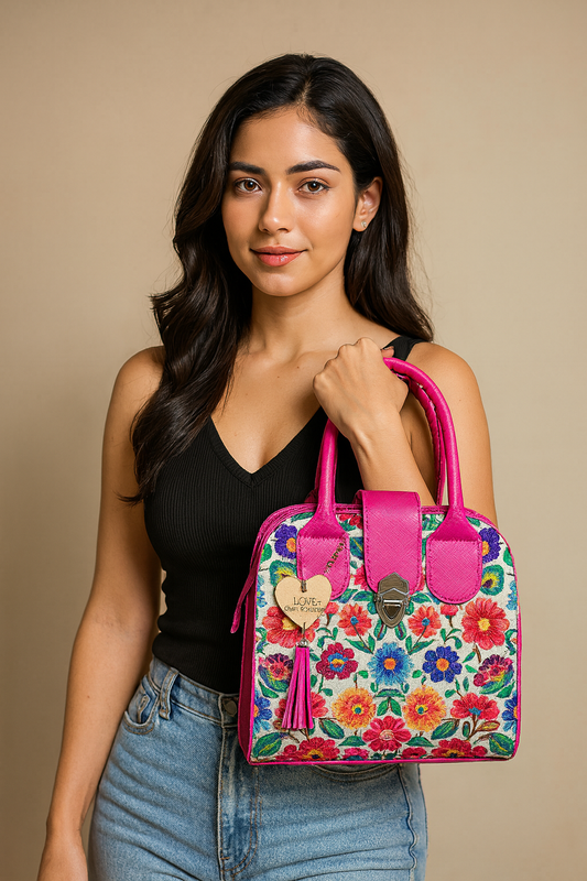 Bolsa CORAL Mediana  Artesanal Rosa con Bordado Floral | Colorida y Elegante | Moda Dama Casual y Formal