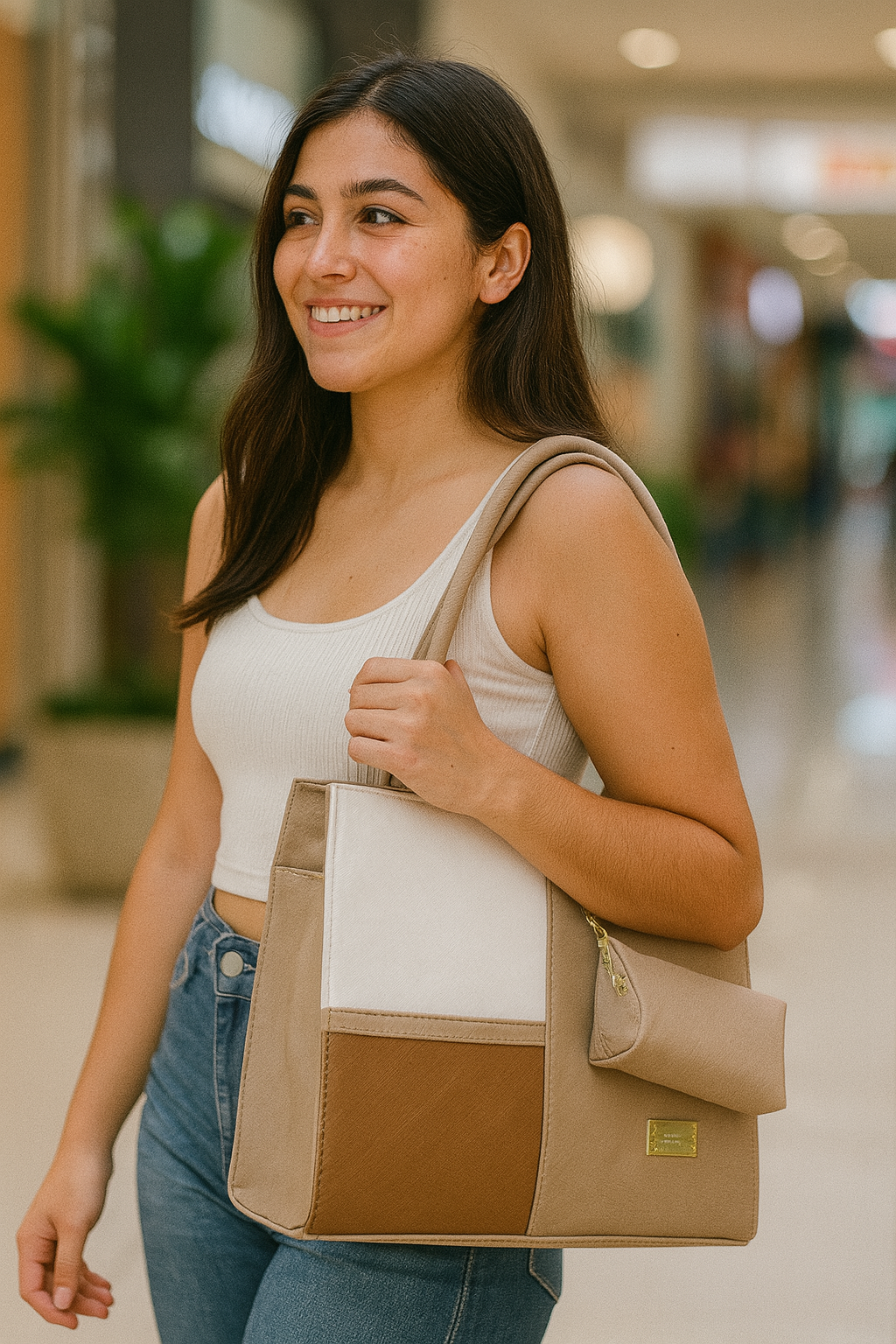 Bolsa de dama Lorena elegante moderna grande beige sintética alta calidad duradera
