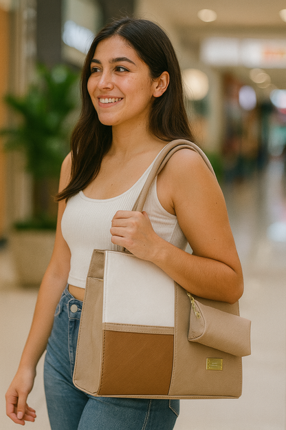 Bolsa de dama Lorena elegante moderna grande beige sintética alta calidad duradera