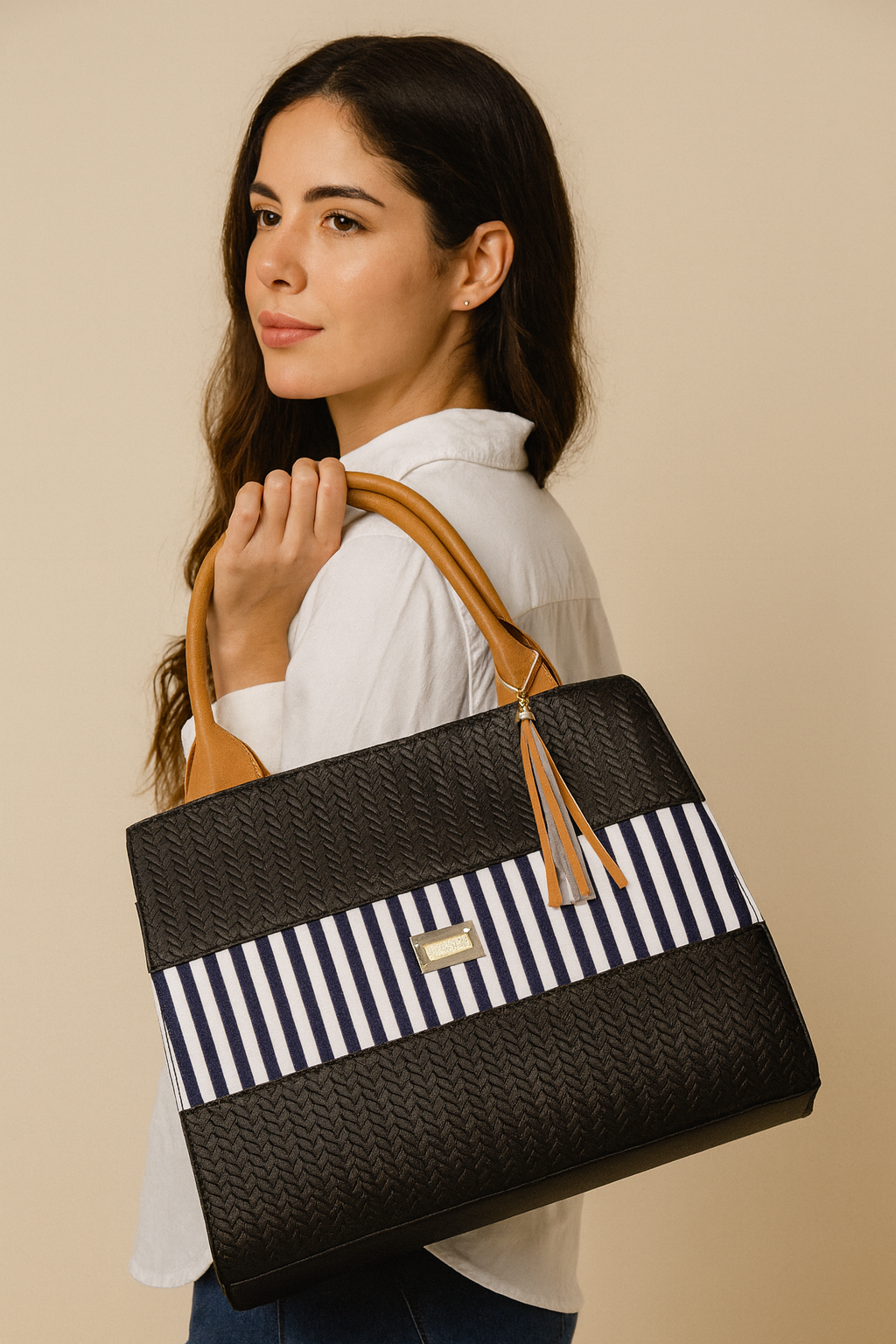 Bolsa de dama elegante Estefa negra rayas marino casual moderna resistente revender