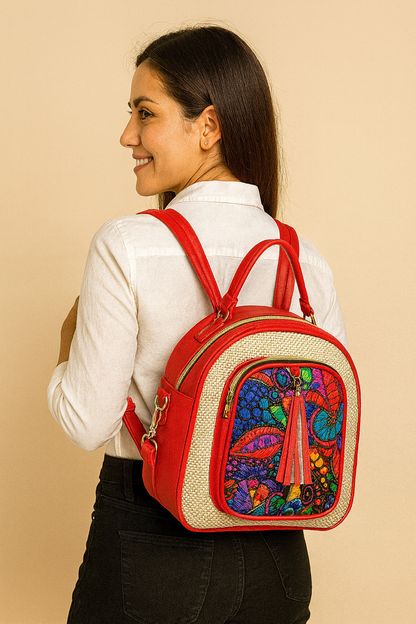 Mochila artesanal mujer FERNANDA tela bordada roja moderna con cierre y asa larga