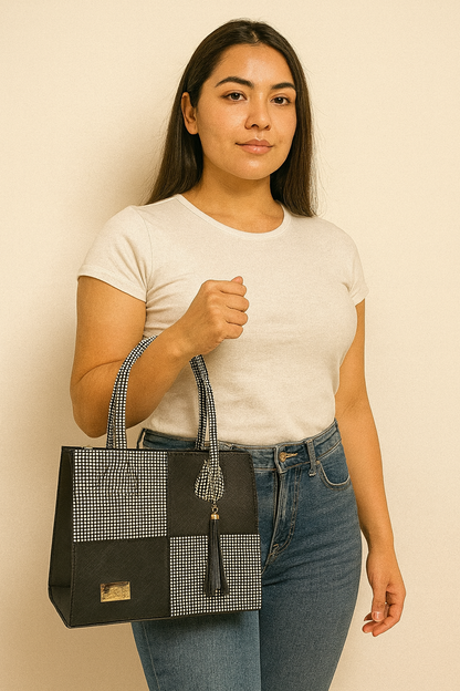 Bolsa dama BRENDA elegante blanca y negra patchwork cuadrícula moderna grande resistente hombro