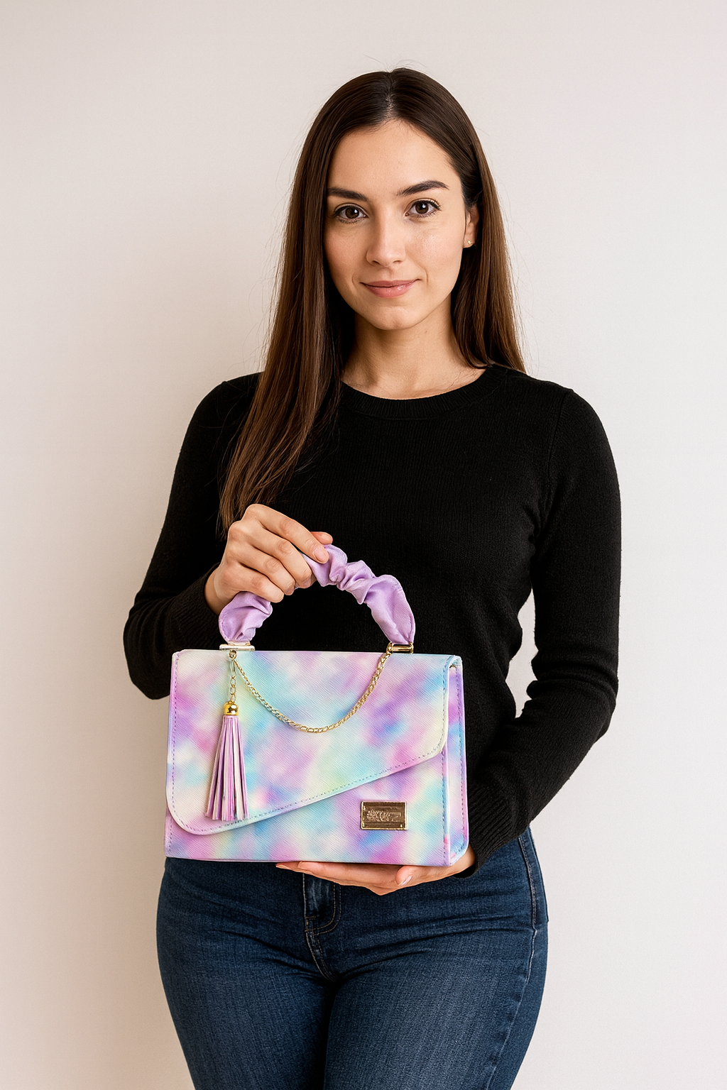 Bolsa de dama CASSANDRA pastel multicolor elegante con asa fruncida y tassel moderno